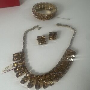 A Vintage Weiss‎ Set in Amber Rhinestones and Goldtone Necklace Bracelet Earring